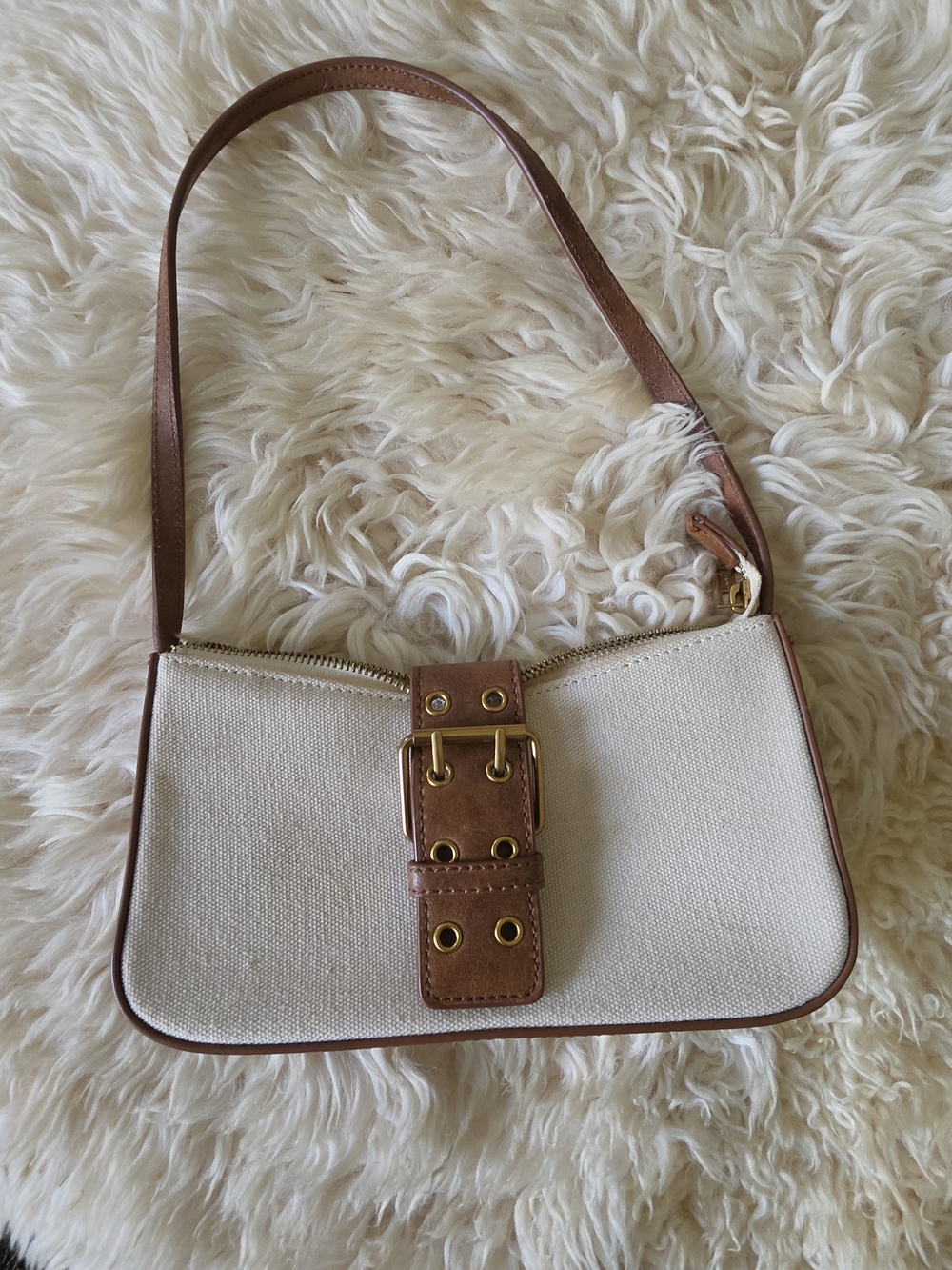 Brandy Melville Cream Canvas Shoulder Bag with Brown Leather Trim